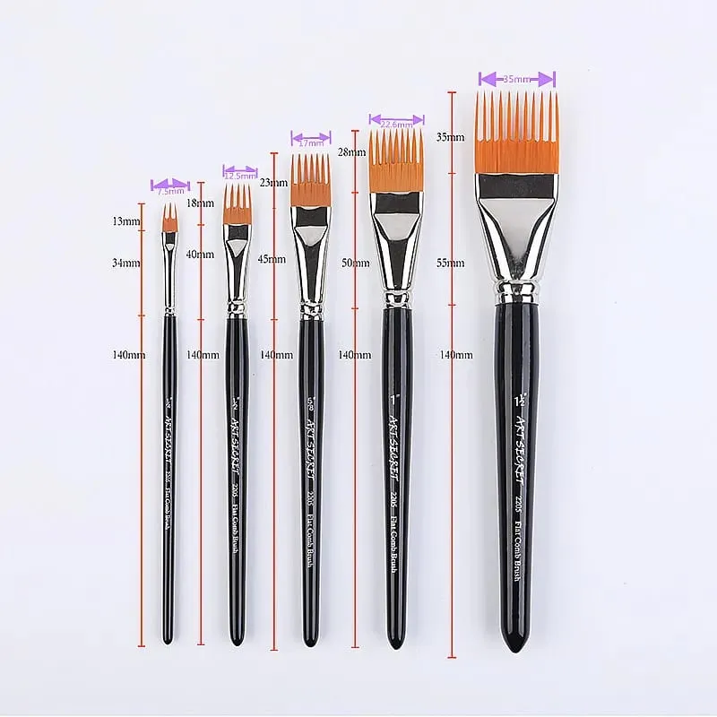 Professional 5 pcs Flat Comb Brush Nylon Paint Drawing Brushes Oil Artists Painting Brush Set For Artists Student