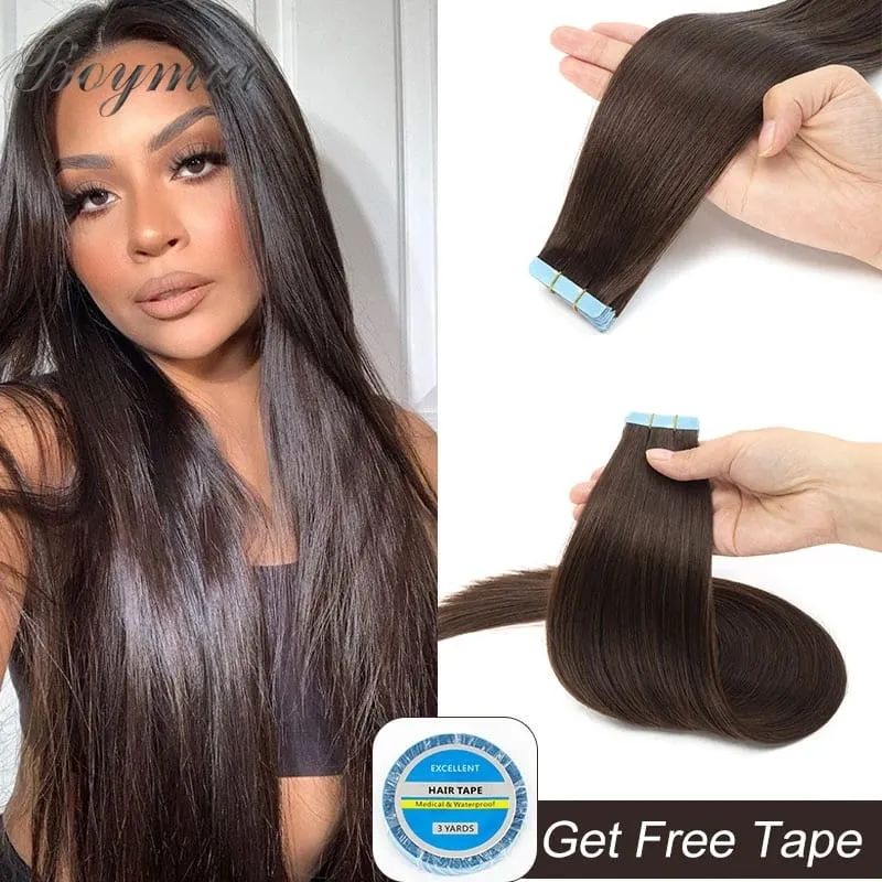 Boymia Tape In Human Hair Extensions 12"-24" Natural Black Machine Remy Tape In Hair Extension Invisible Tape Hair 20pcs — image 3