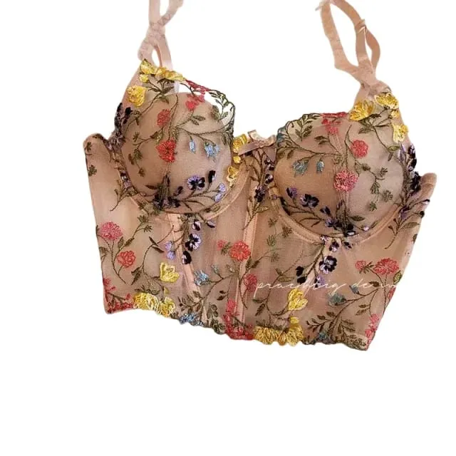 Extended Embroidered Bra And Panty Set Floral Lace Women Underwear Sexy Female Thin Cotton Cup Push Up Lingerie Suit — image 2