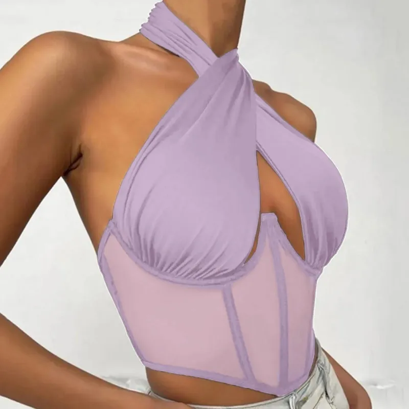 Women Sleeveless Fishbone Corset Vest Solid Hollow Out Cropped Top Summer Halter Backless Sexy Tops Y2k Camis Ropa De Mujer