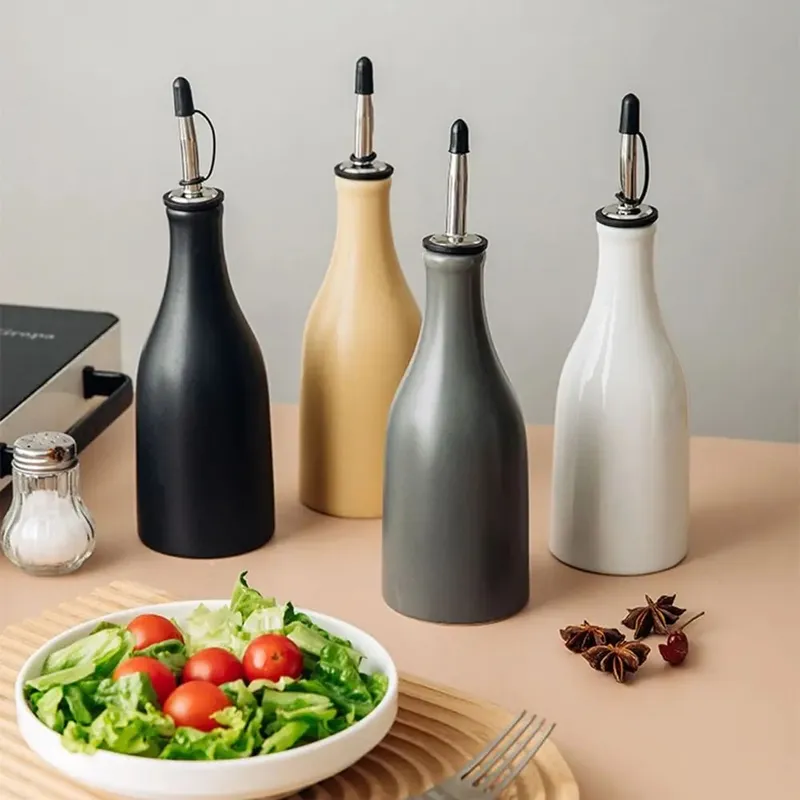 Home Kitchen Ceramic Seasoning Jar Olive Oil Dispenser Large Capacity Leakproof Vinegar Oil Seasoning Bottle With Label Stickers