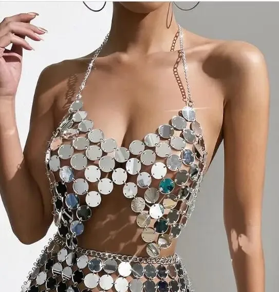 Women Sequin Chain Metal Tops Carnival Backless Metallic Hollow Adjustable Reflective Nightclub Top For Women топ женский