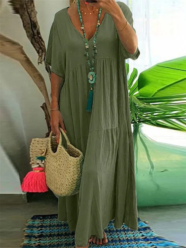 plus Size Women's Casual Loose V-Neck Solid Long Dress Spring Summer Pleated Big Size Women's Dress — image 2