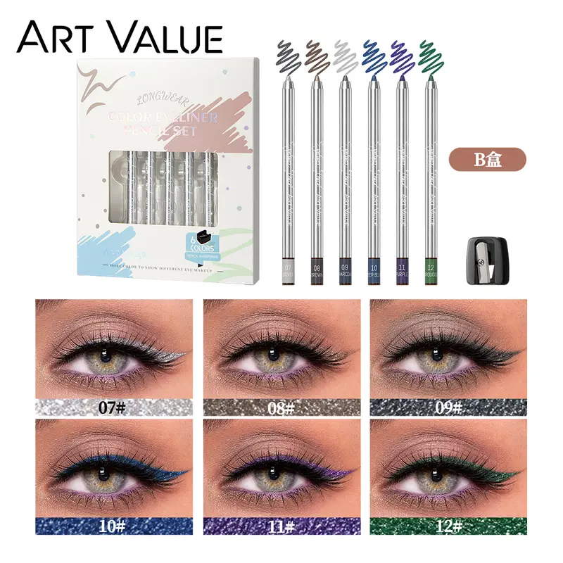 ART VALUE 6 PCS Pearlescent Eyeshadow Sets Waterproof Glitter Shimmer Highlighter Eye Shadow Pencil Eyeliner Pen Cosmetics Kits