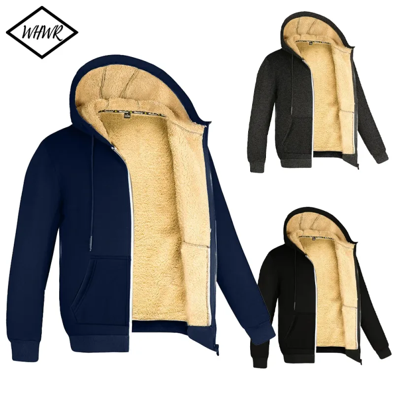 Winter Lambswool Zipper Hoodies High Quality Fleece Jackets Plus-Size Thick Warm Jacket Solid Color Outwear Hooded Coat For Men — image 7