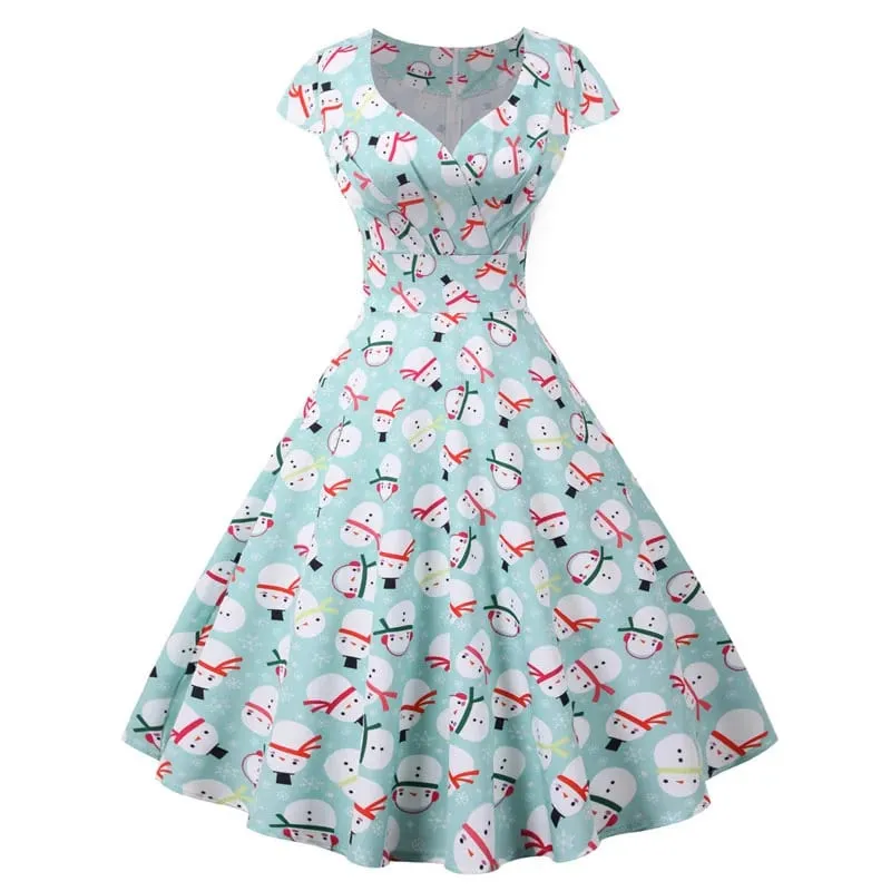 Mode V-ausschnitt Kurzarm Gedruckt Weihnachten Kleid Große Schaukel Vintage Elegante Weihnachten Party Kleid — image 6