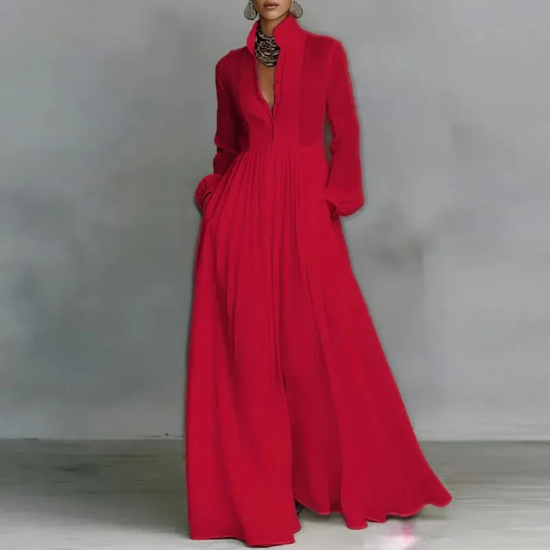 Robe longue française élégante, taille haute, balançoire, poches solides, plissée, Maxi, manches longues, boutons, robe de soirée, printemps, automne — image 5