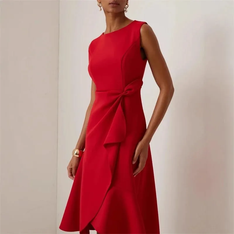 Women Sleeveless Solid Color Round Neck Midi Dress Elegant Slim Fit Formal Party Outfit Fashion 2025 New Arrival — image 3
