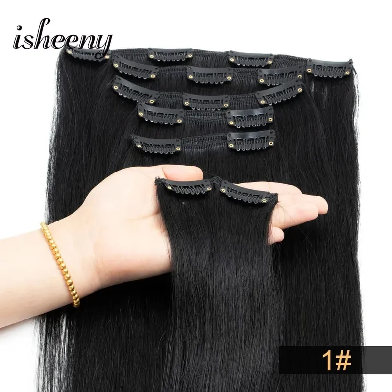 Isheeny 14"-22" Clip In Human Hair Extensions Brazilian Remy Natural Clip Human Hair Extension Real Natural Clip On 50-65G
