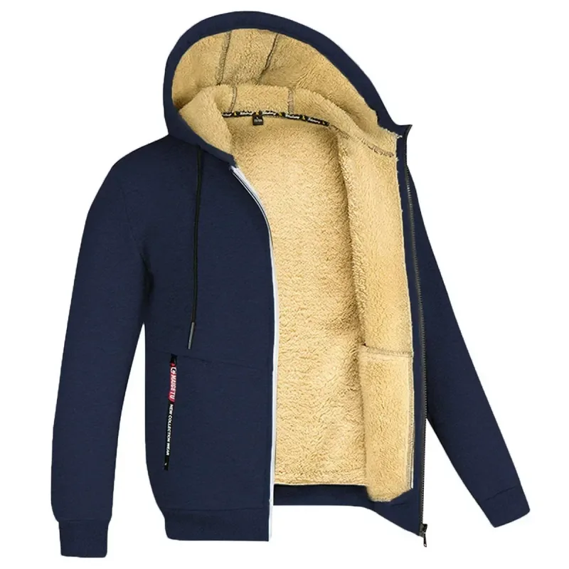 Men's Winter Warm Hoodies Sweatshirts Thickened Lamb Fleece Lining Hooded Jackets Windproof Zip Casual Hooded Sportwear for Men — image 4