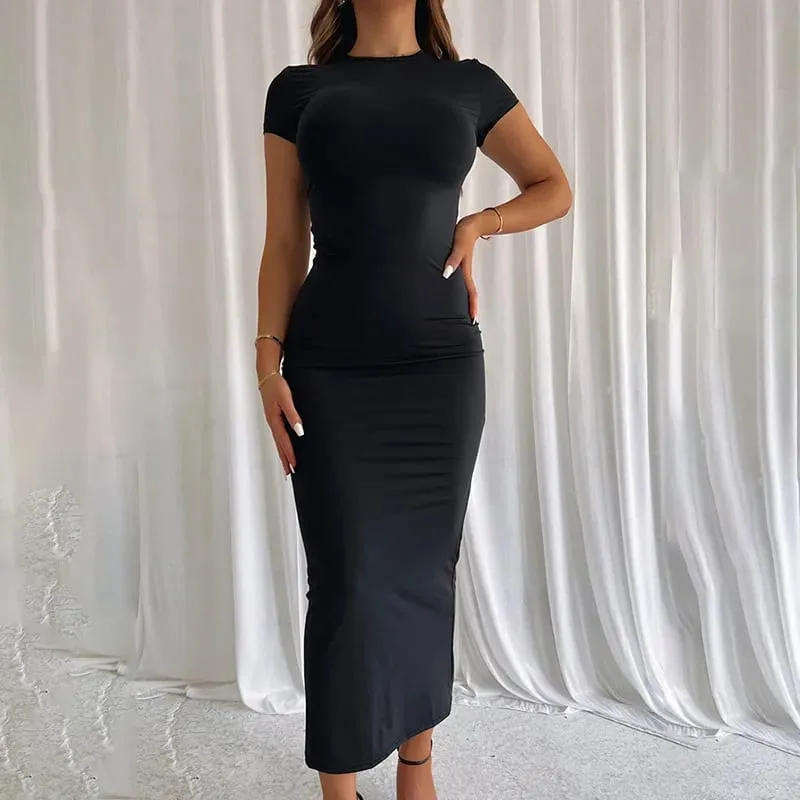 Summer women's slim fit elastic black and white round neck short sleeved T-shirt dress long dress women's clothing — image 5