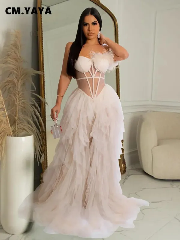 CM.YAYA Women Tierred Mesh See Though Off Shoulder Sweetheart Collar Maxi Long Floor Length Dress Evening Sexy Party Dresses — image 2