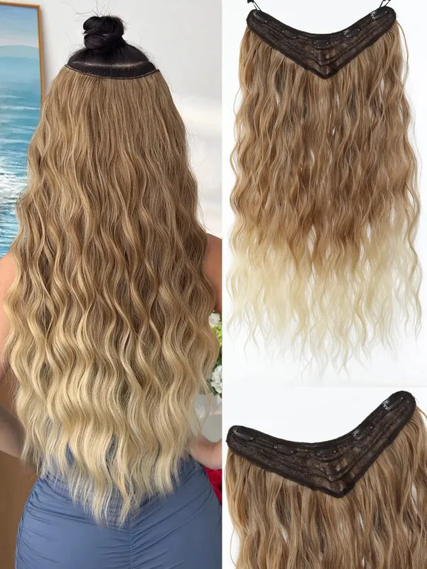Synthetic Hairpiece 24 Inch Long Water Wave Wavy Clip In Hair Extensions V-Shaped Ombre Heat Resistant Fiber For Women Girls