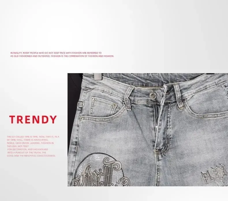 New Slim Fit Casual Jeans with Heavy Duty Ironing Drills Prints Branded Korean Style Clothes for Men Streetwear Washed Jeans — image 9