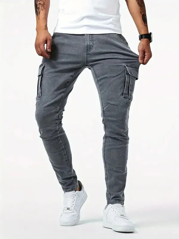 Men's street stretch denim jeans washed solid color multi pocket work pants casual slim fit daily wear jogging pants mid wa — image 2
