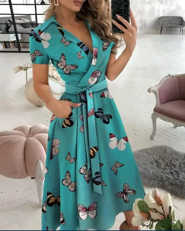 Rainbow Striped Print Summer Dress 2023 Women Button Up Short Sleeve Casual Vintage Shirt Long Dress Ladies Elegant Maxi Dresses — image 3