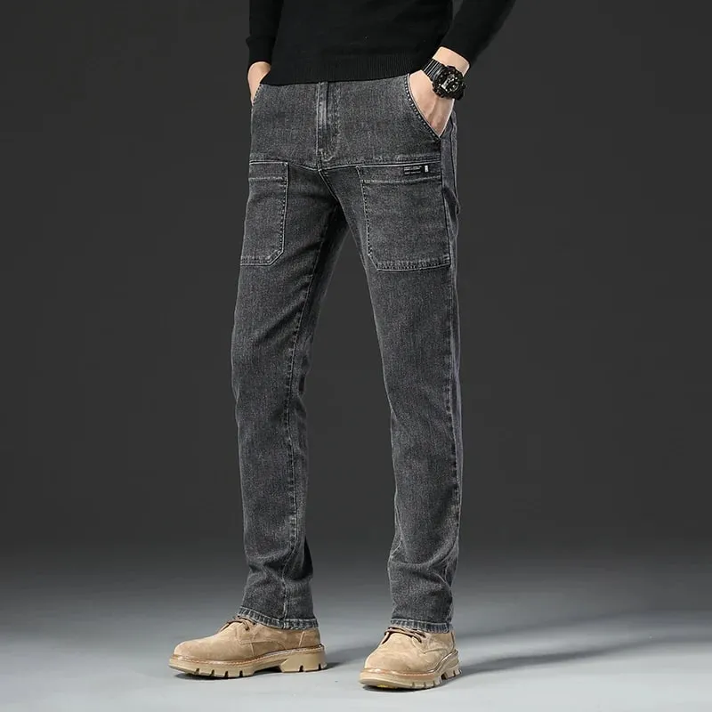 6 Pocket Design Denim Jeans Men's 2025 New High Elasticity Denim Casual Trousers Straight Male Pants Fashion Mid-waist Jeans — image 6