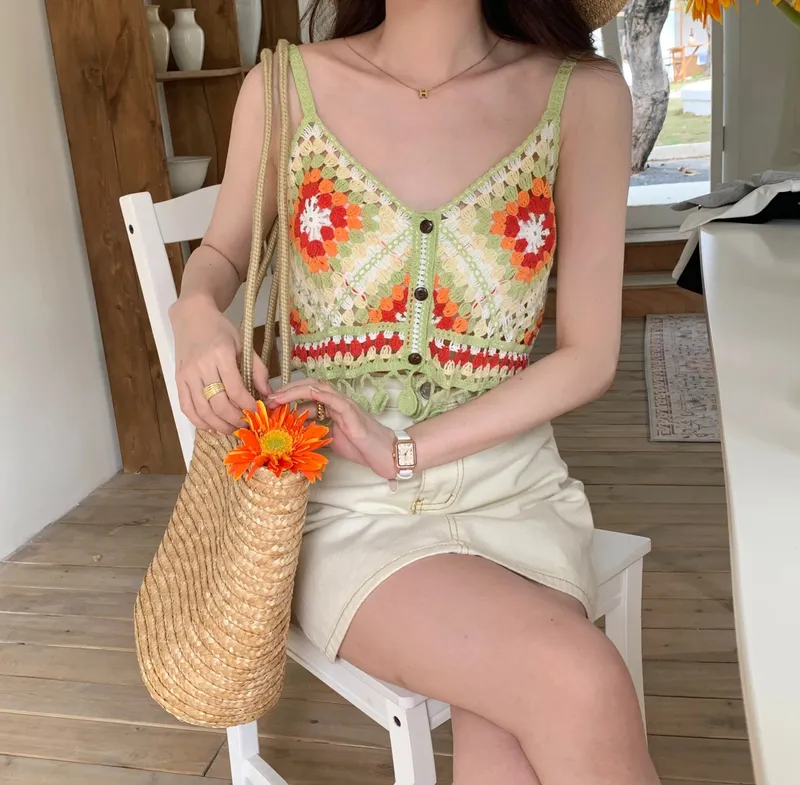 Colorful Patched Crochet Knit Cami Top Fringed Strap Crop Tank Top for Women Teengirl Summer Boho Vacation Beach Wear — image 3