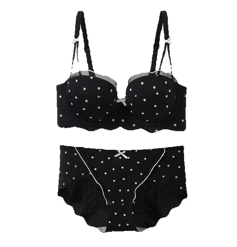 Ensemble deux pièces soutien-gorge en dentelle à pois, petit buste, Anti-affaissement, Collection de seins latéraux, ensemble de Lingerie confortable sans fil — image 2