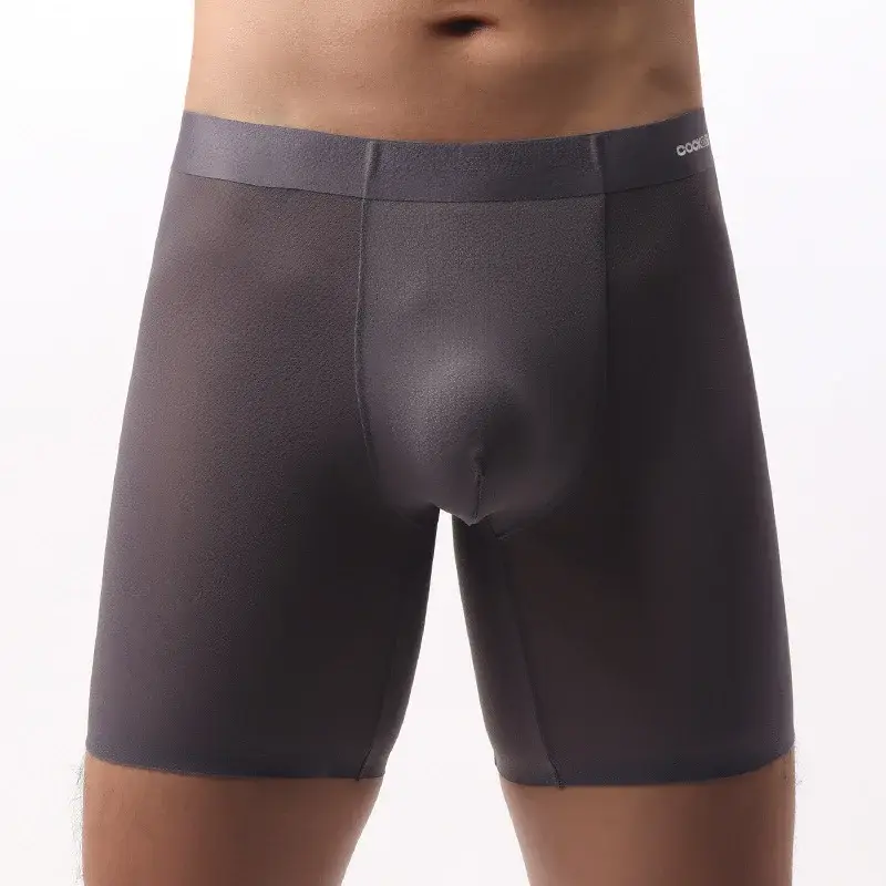 Boxer Long en soie glacée pour hommes, sous-vêtements de sport Ultra-fins respirants, culotte transparente Sexy, séchage rapide, pochette en U