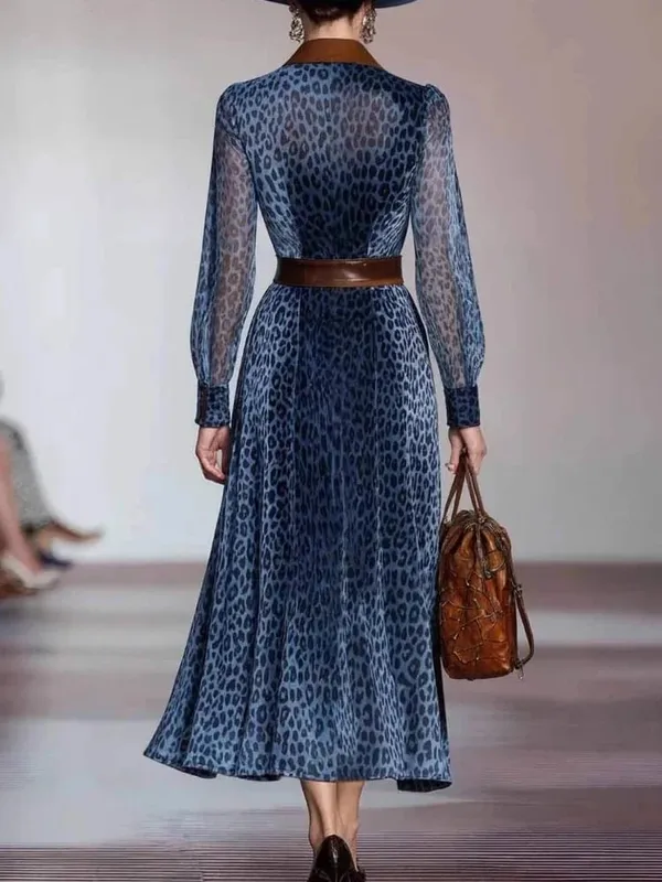 Dámské elegantní šaty Síťované šaty s leopardím potiskem Colorblock Klopový límec Jednořadové Vintage elegantní šaty s dlouhým rukávem — image 3