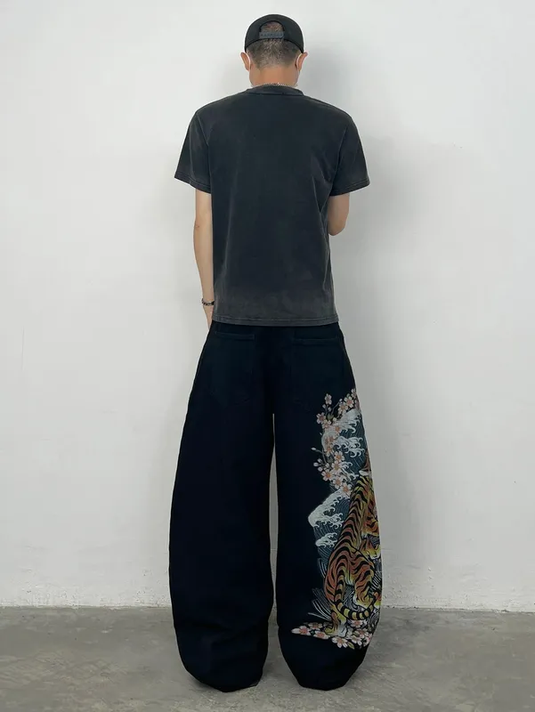 Men's Black Baggy Wide-Leg Jeans with Tiger Cherry Blossom and Wave Print Y2K Streetwear Hip-Hop Fashion Casual Versatile Pants — image 10