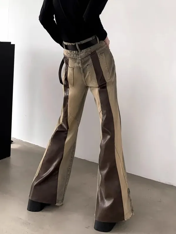 Trashy Y2K 2000S Pu Leather Patchwork Slim Flare Jeans Pants For Men 90S Vintage Clothes Colorblock Denim Trousers Moda Hombre — image 2