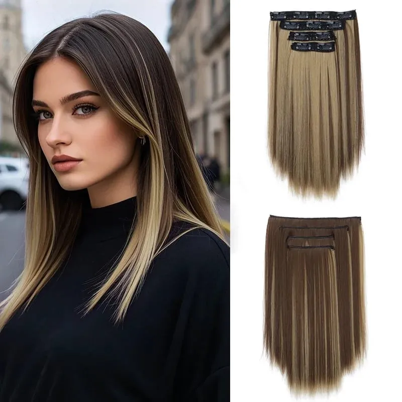 4pcs 14Inch Synthetic Clip-in Hair Extension Short Straight Soft Invisible Brown Blonde Hairpiece for Women — image 12