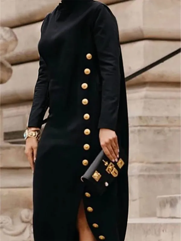Elegant Women's Buttoned Split-Side High Neck Evening Black Dress 2026 Fashion Long Sleeves Loose Commuter Office Maxi Dresses — image 2