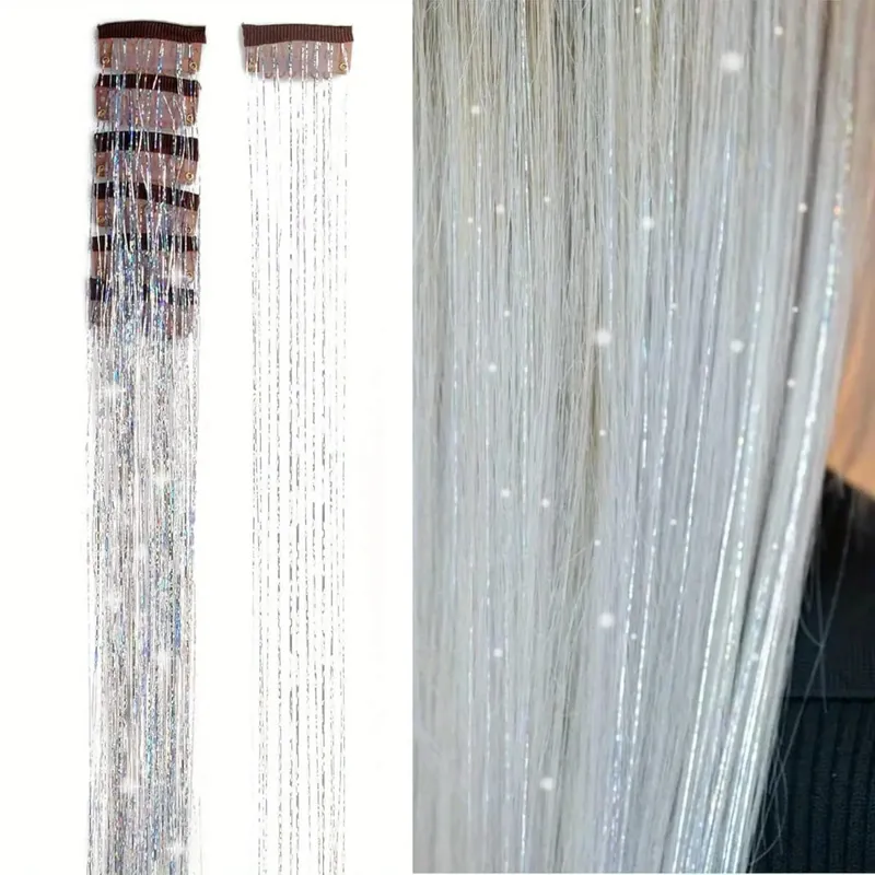 Color bright silk clip seamless hair extensions glitter gold silk dazzling laser wire color strips synthetic wigs — image 7