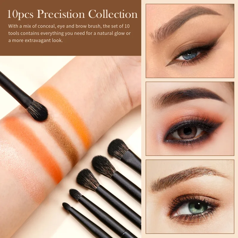 Jessup Eyeshadow Brushes Set 10pcs Eye Brush Shadow Blending Flat Liner Crease Duo-end Brow Spoolie Broach Elegant Black T337