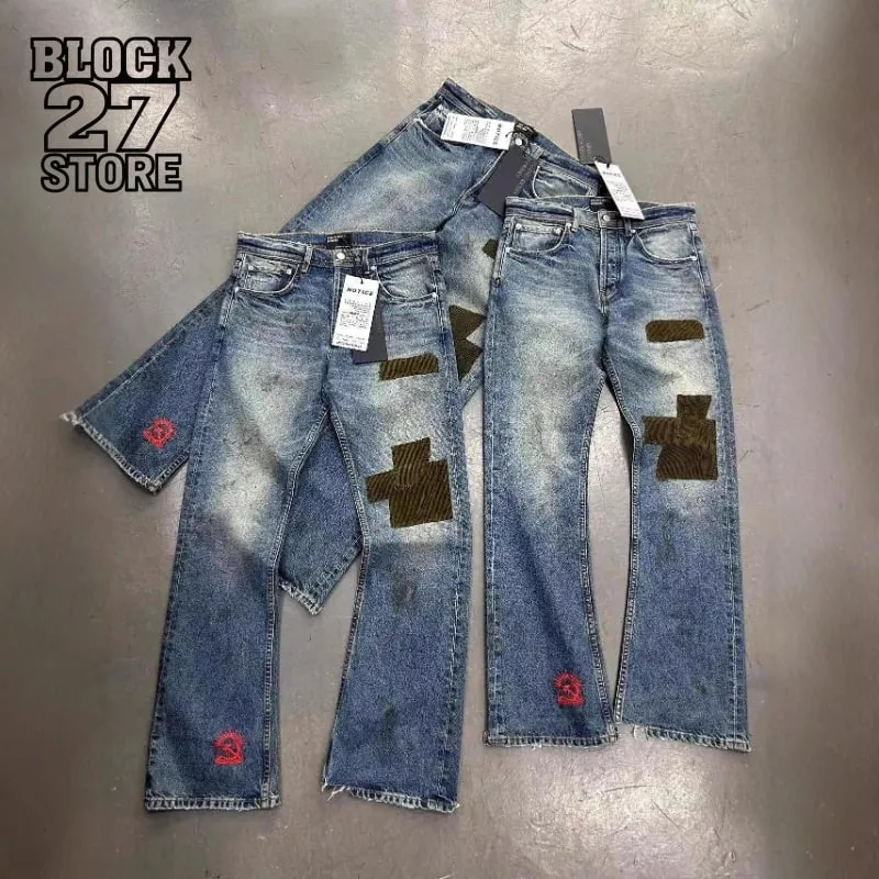 Seluar Jeans Flared Lelaki Harajuku Vintage Dibasuh Denim Seluar Patchwork Korduroi Slim Fit Kasual Streetwear Uniseks Musim Bunga Baru — image 2