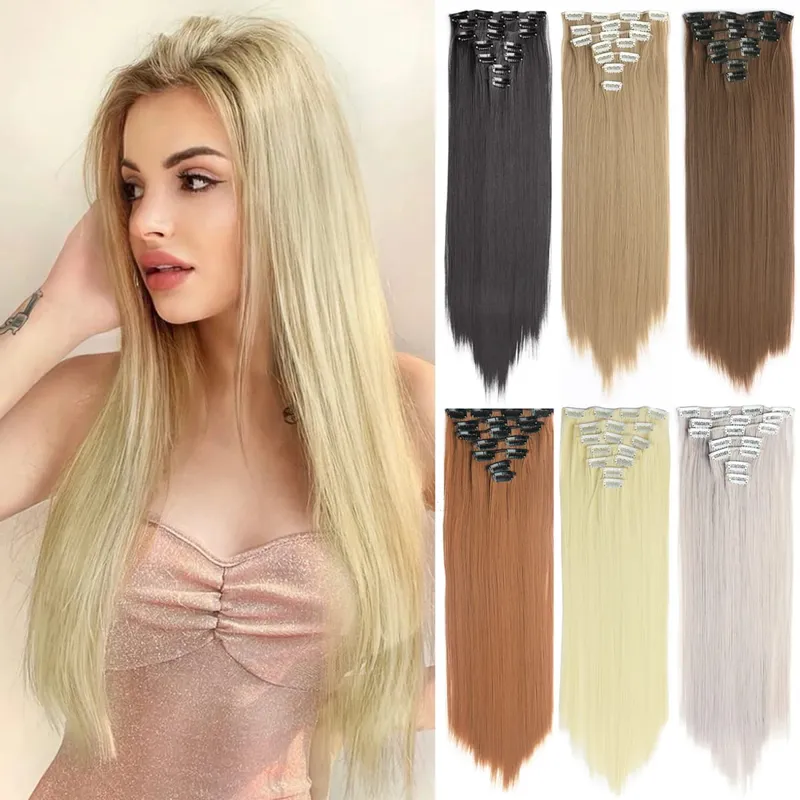 Long Straight Clip In Hairpiece Hair Extensions 4Pcs/Set Synthetic 22'' Black Dark Brown MixedColor Heat Resistant Fiber — image 1