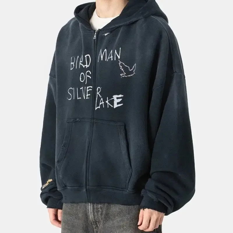 Nieuwe Oversize PALY Hoodies Heren Vrouw Gewassen Zwart Beschadigd Beste kwaliteit Casual Vintage Vest Zip Sweatshirts
