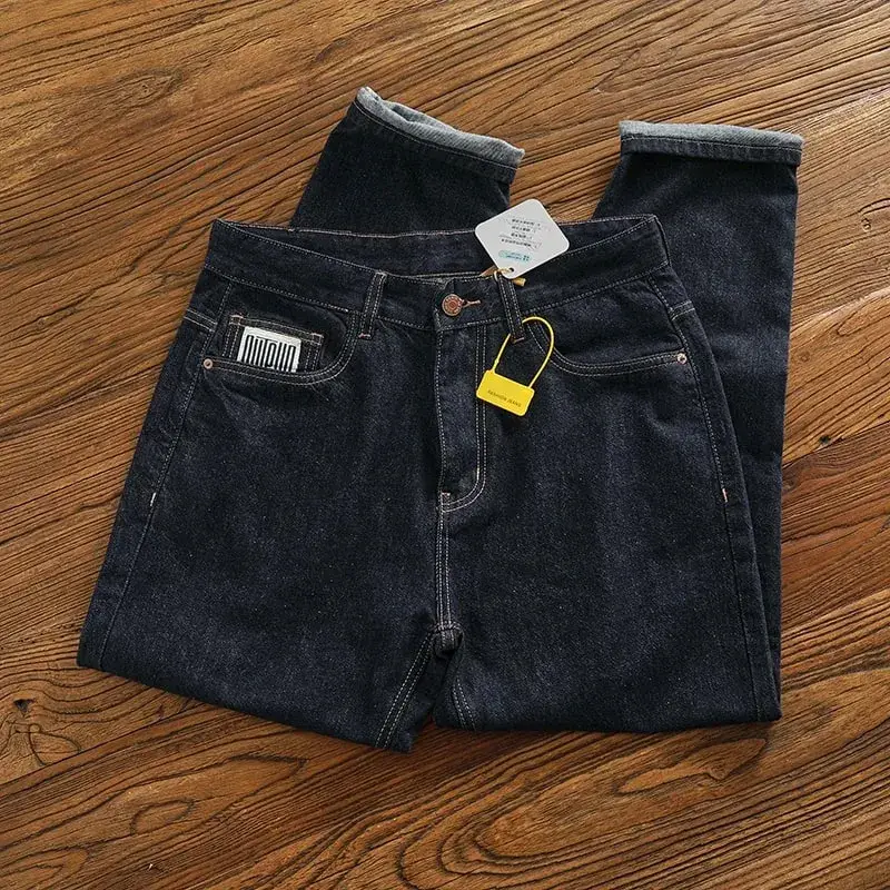 Anti-fading solid color general wash primary color denim jeans men's dark American casual loose straight cone pants — image 3