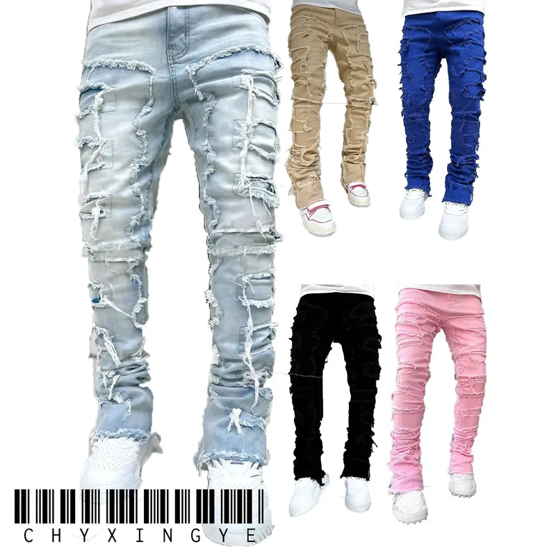 Men's Regular Fit Stacked Jeans Ripped Slim Fit Patch Distressed Destroyed Straight Denim Pants Hip Hop Streetwear Trouser Cloth — image 8