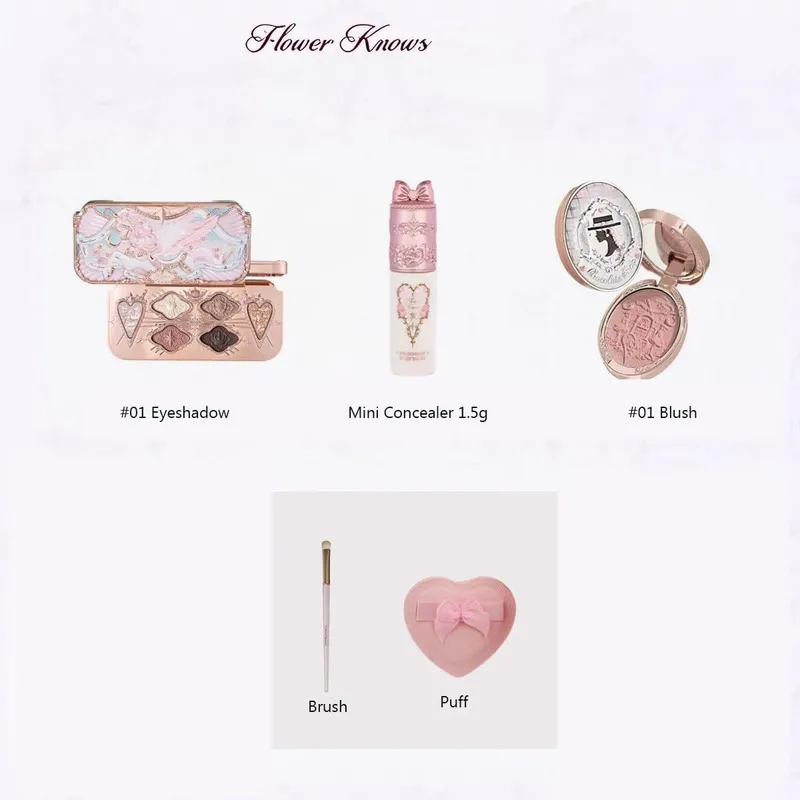 Flower Knows Moonlight Mermaid Series Glitter Eyeshadow Palette High Pigment Shell Jewelry Blush Makeup Brush Set Matte Finish