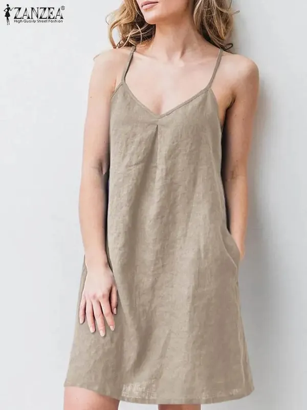 2023 ZANZEA Women Summer Backless Straps Dress Solid Sleeveless V-Neck Sundress Female Casual Robe Party Beach Vestidos Oversize — image 3
