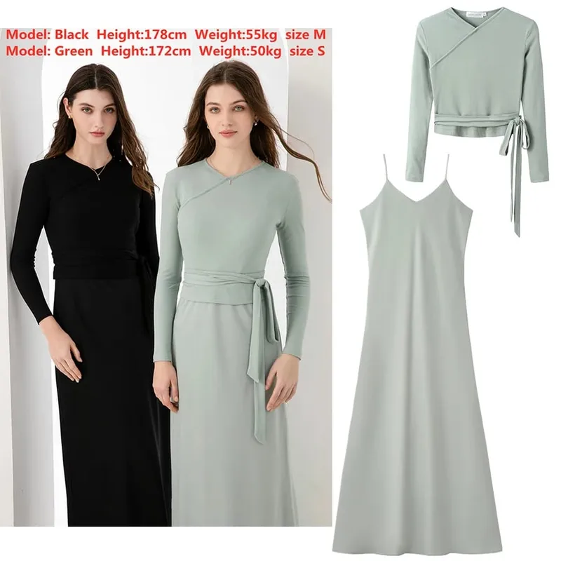 Pakaian wanita AS 2024 high Stretch ribbing tertutup muat bahagian atas + Set padanan gaun Satin Matte Maxi (penghantaran dalam masa 1 hari)