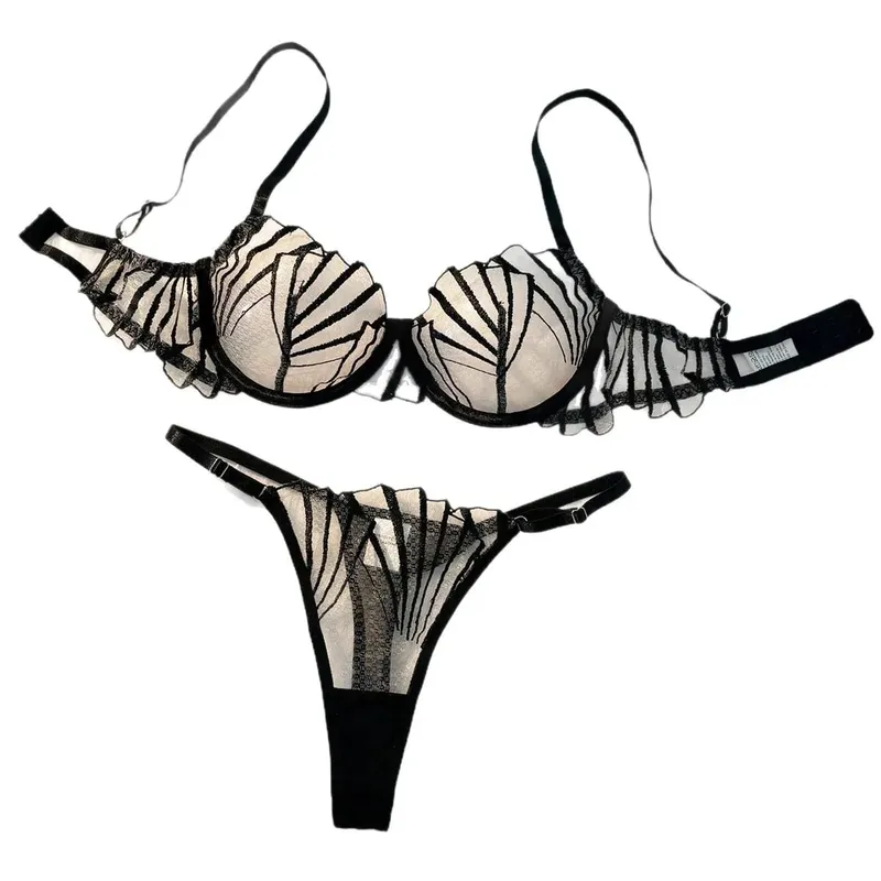 2pcs Women's Bra Set Sexy Lace Mesh Lingerie Set Ultra Thin Breathable Comfortable Lightweight Scallop Transparent Lingerie Set — image 1