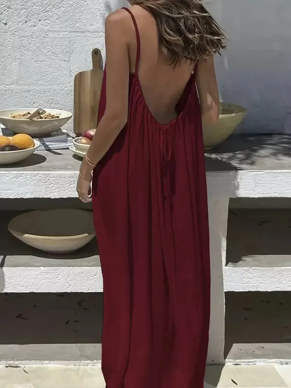 2026 New European & American Cross‑border Women’s Wear Solid Color Loose Casual Versatile Slip Backless Maxi Dress — image 7