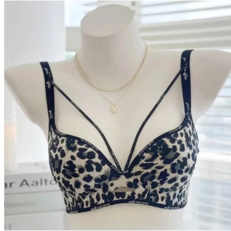Cetakan Leopard Bergaya Pakaian Dalam Tanpa Wayar Lancar Nipis Selesa Kumpul Payudara Kecil Bentuk Payudara Cantik Pakaian Kasual Lembut S-XL — image 4