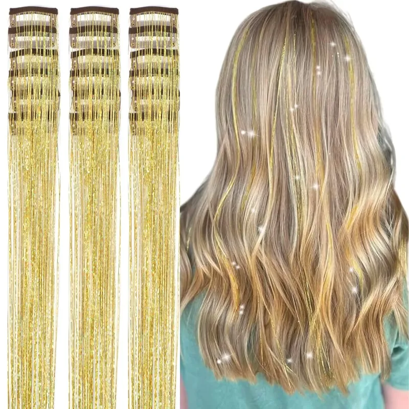 20 Inch Glitter Tinsel Hair Extensions with Clips In 6Pcs/Set Synthetic Clip in Sparkle Fairy Hair Accessories for Women Kids