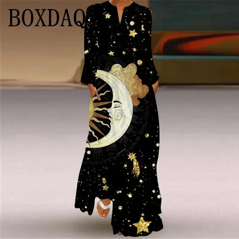 Artistic Face Printing Women Sundress Spring Vintage Long Sleeve V-neck Maxi Dress Elegant Ladies Long Dresses Female Vestidos
