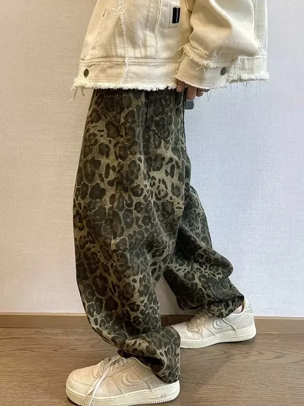 Autumn Tan Leopard Jeans Men Denim Pants Male Oversize Wide Leg Trousers Streetwear Hip Hop Vintage Loose Casual Animal Print — image 4