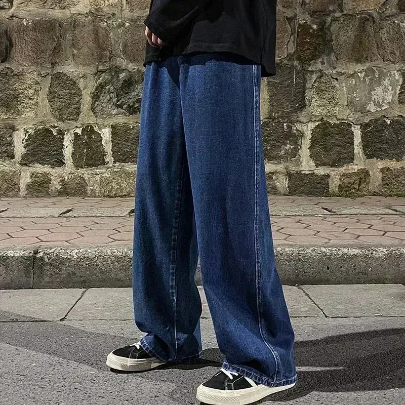 2025 New Korean Men's Casual Long Jeans Classic Man Straight Denim Wide-leg Pants Solid Color Light Blue Grey Black — image 1