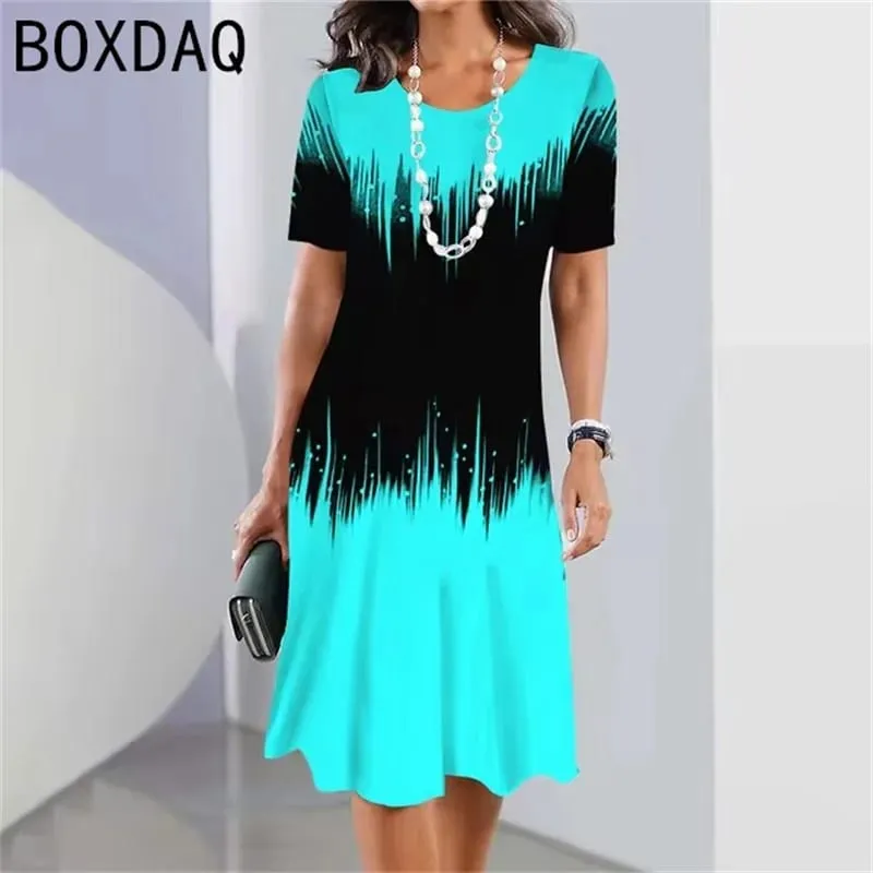 Big Size Women Dress 3D Colorful Gradient Print A-Line Dress Summer O-Neck Short Sleeve Casual Dress Elegant Loose Mini Dresses
