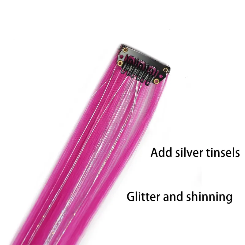 Colored Hair Extensions Mixed Silver Tinsels Synthetic Clip in Hair Rainbow Hairpiece Holiday Party Highlights for Women Girls — image 4