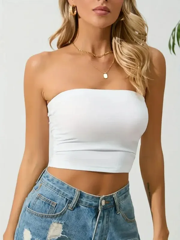 Europeans And Americans Solid Color Strapless Off-the-shoulder Short Bodice Women's Backless Short Boat Neck Cami Tank Top — image 3