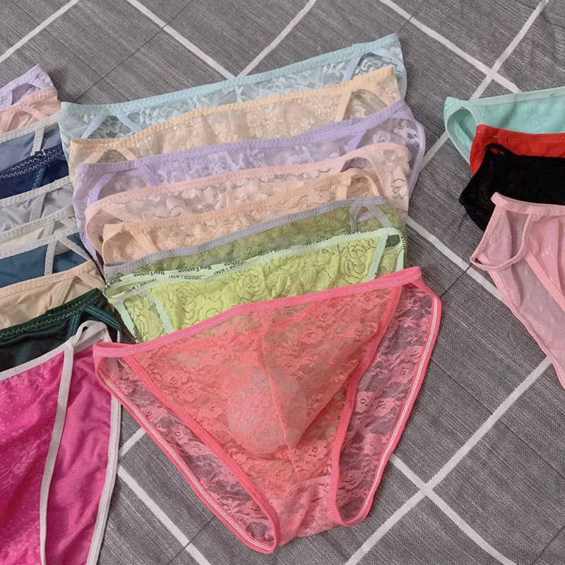 Random 1pc Men Briefs Bottoms Low Waist Transparent Lace Floral Lingerie Breathable Soft Summer Panties Underwear